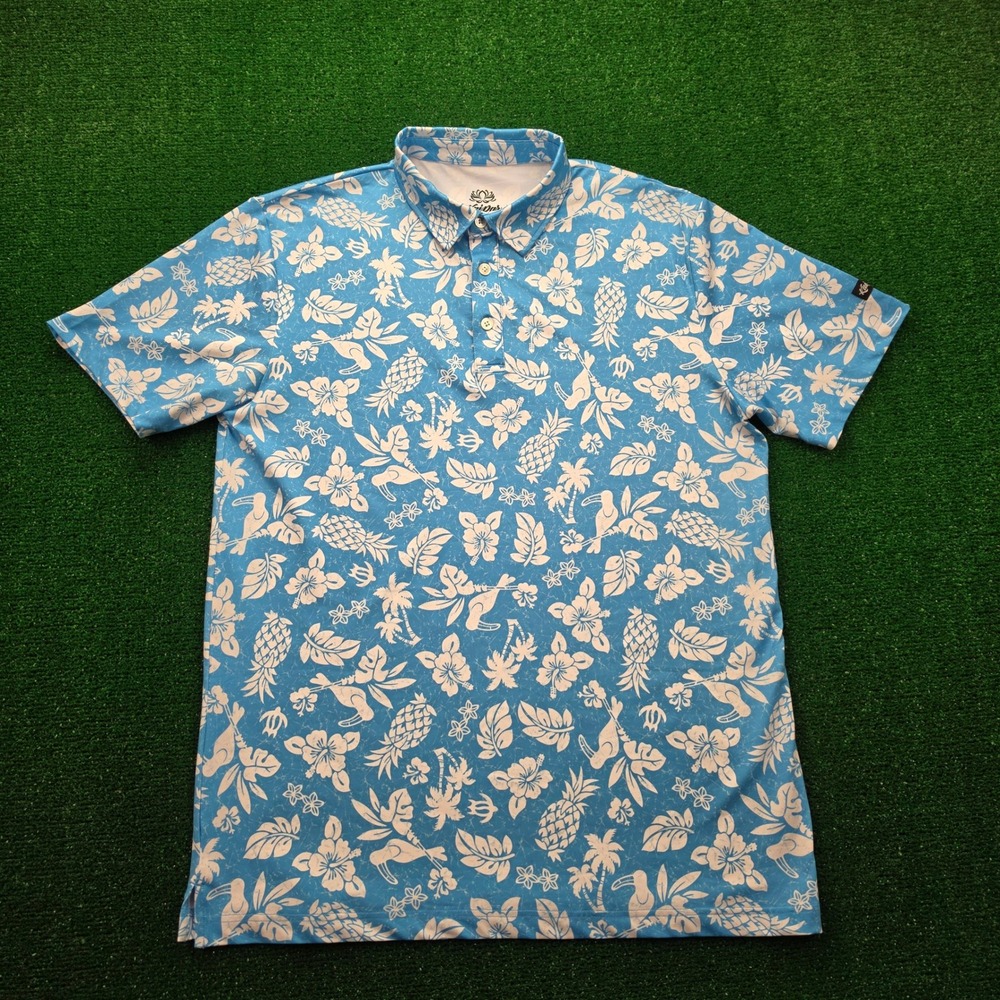 Kaipar Performance Polo Shirt Mens Large Blue Tropical Floral Golf Beach Casual